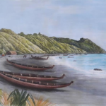 Painting: waka on the beach, Pukerua Bay