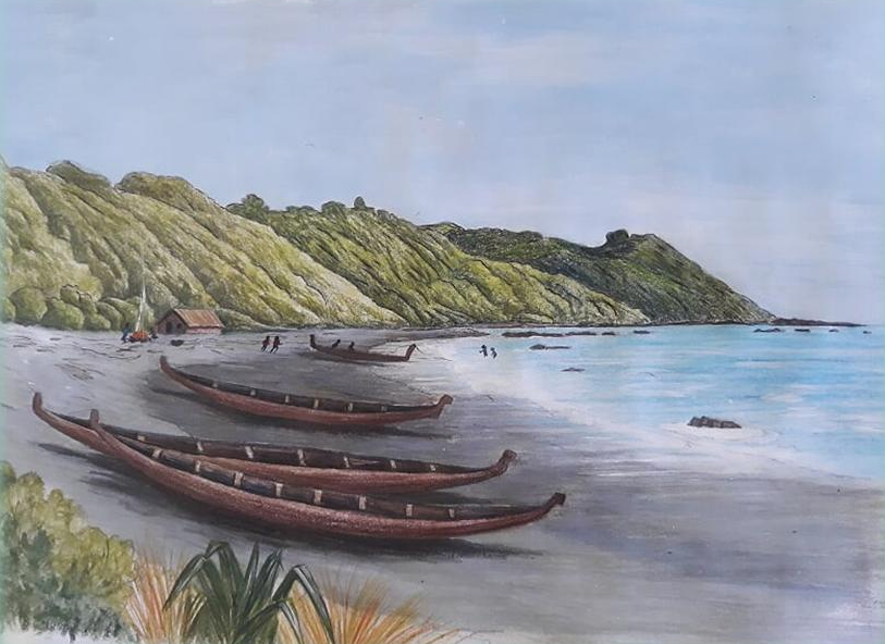Painting: waka on the beach, Pukerua Bay