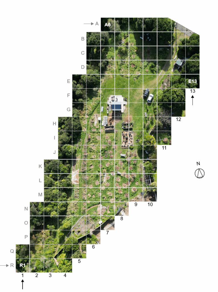 Drone photo of the community garden with an overlaid grid.
